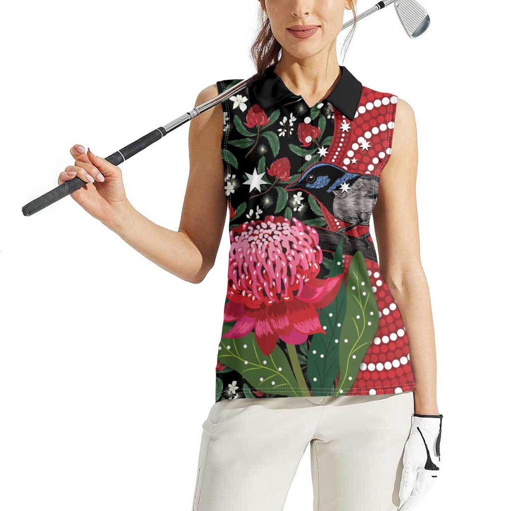 Personalised Australia Waratah And Superb Fairywren Women Sleeveless Polo Shirt Aboriginal Art