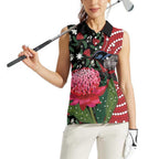Personalised Australia Waratah And Superb Fairywren Women Sleeveless Polo Shirt Aboriginal Art