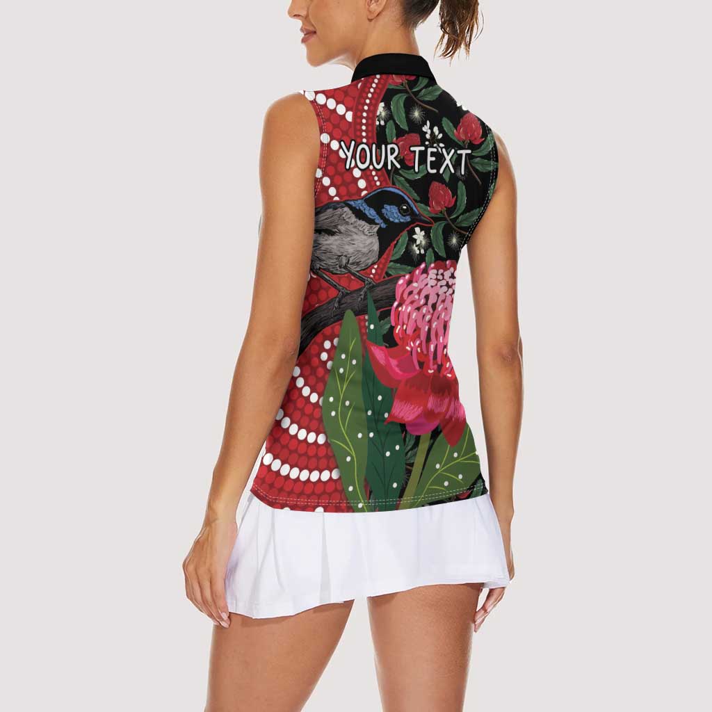 Personalised Australia Waratah And Superb Fairywren Women Sleeveless Polo Shirt Aboriginal Art
