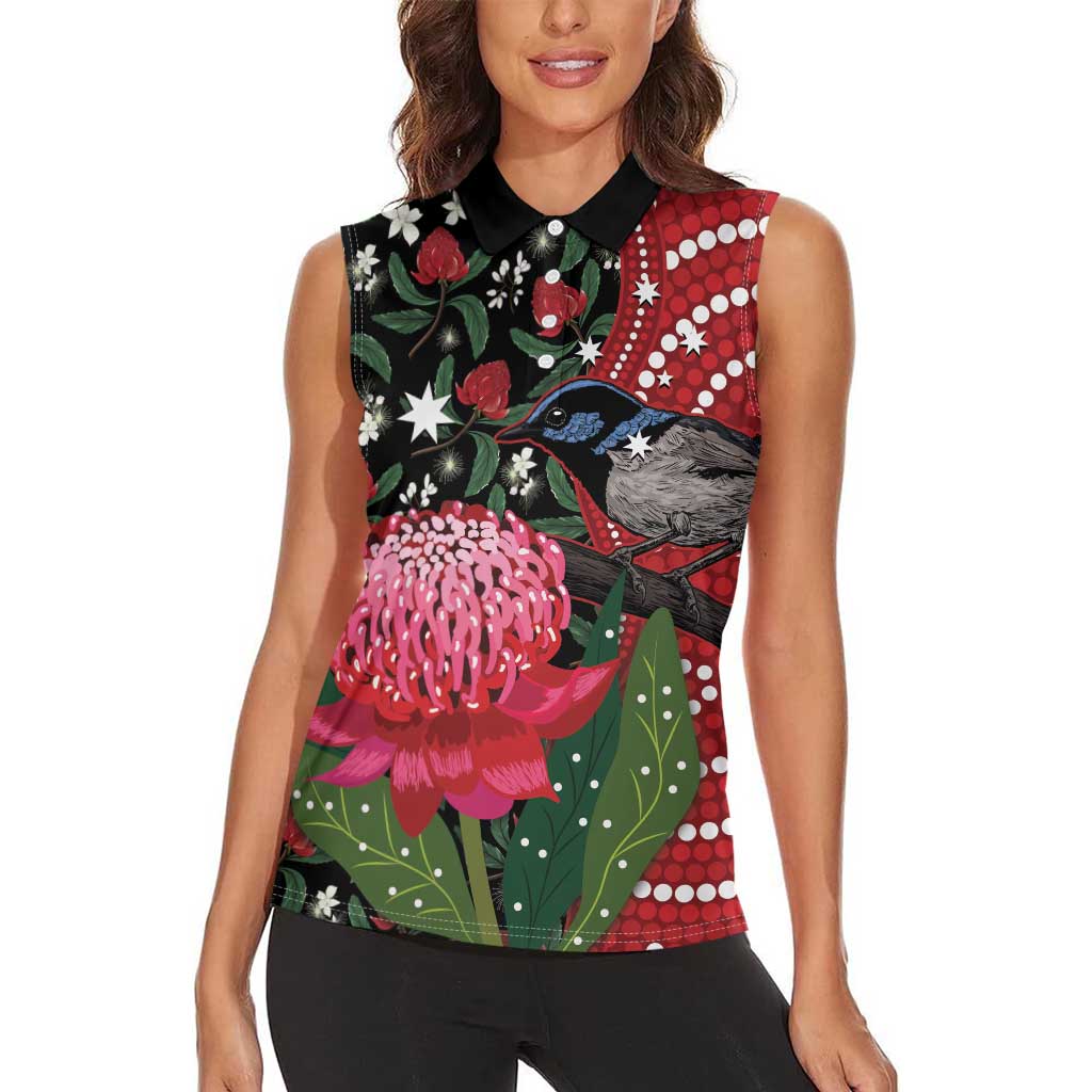 Personalised Australia Waratah And Superb Fairywren Women Sleeveless Polo Shirt Aboriginal Art