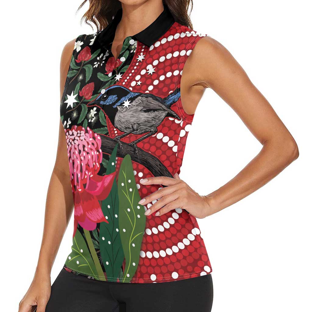 Personalised Australia Waratah And Superb Fairywren Women Sleeveless Polo Shirt Aboriginal Art