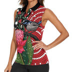 Personalised Australia Waratah And Superb Fairywren Women Sleeveless Polo Shirt Aboriginal Art