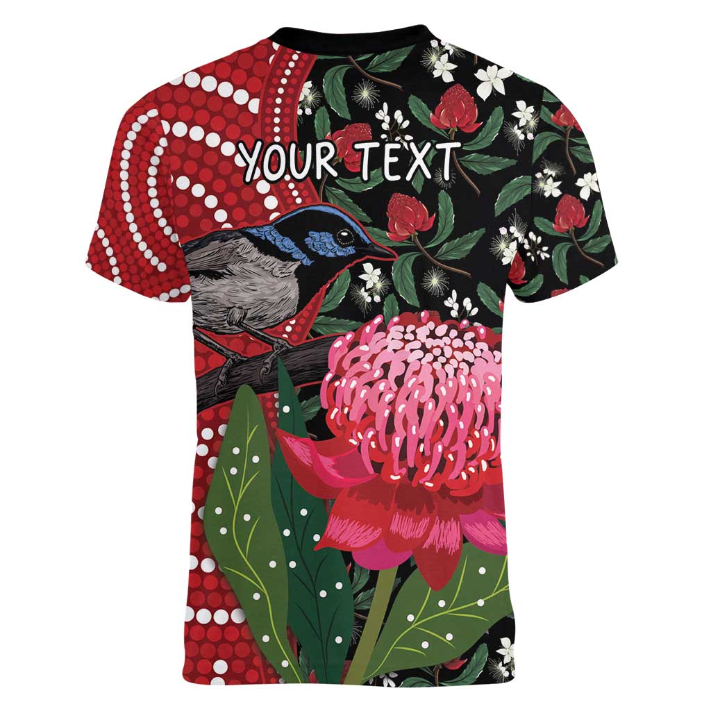 Personalised Australia Waratah And Superb Fairywren Women V-Neck T-Shirt Aboriginal Art