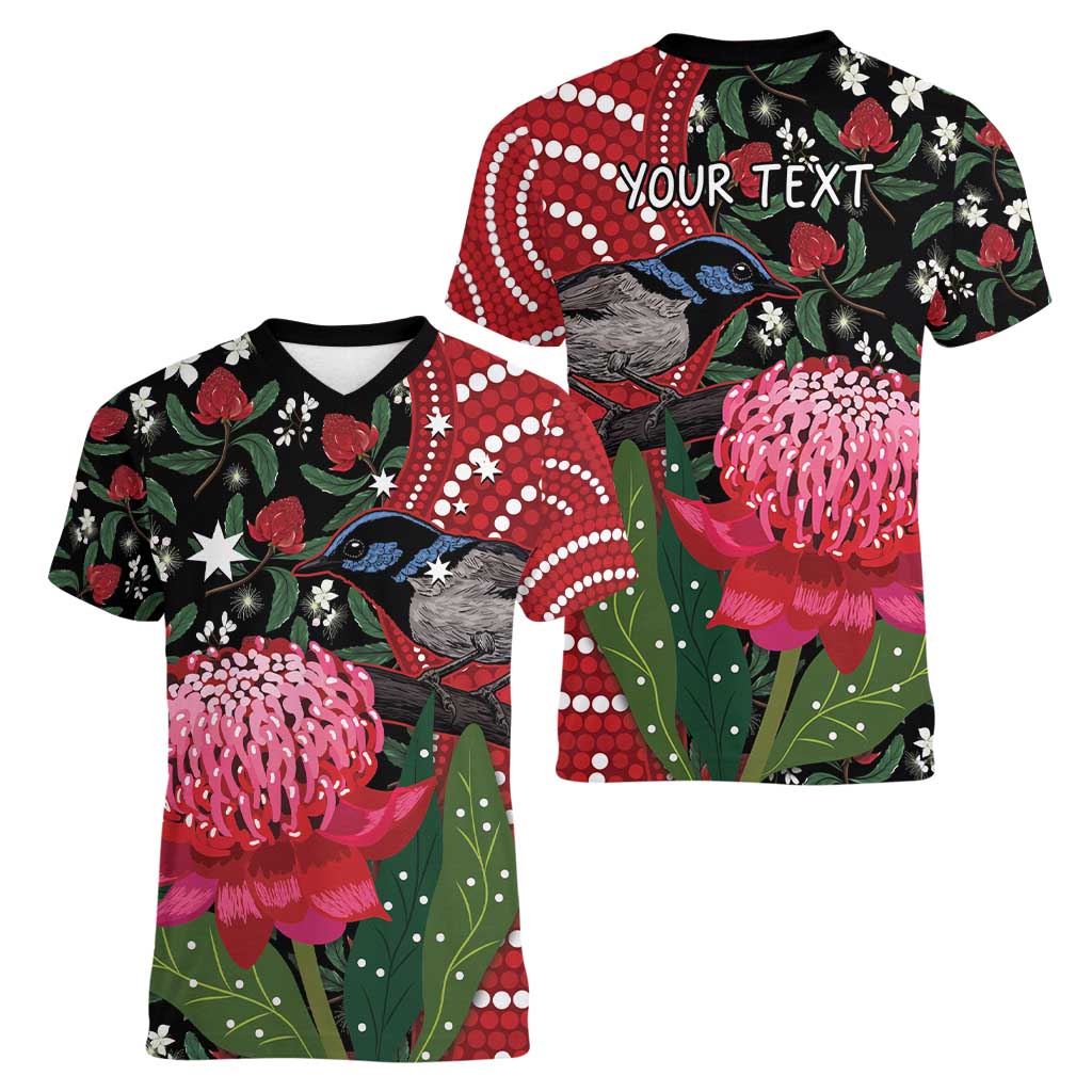 Personalised Australia Waratah And Superb Fairywren Women V-Neck T-Shirt Aboriginal Art