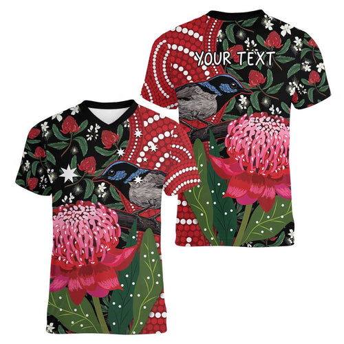 Personalised Australia Waratah And Superb Fairywren Women V-Neck T-Shirt Aboriginal Art