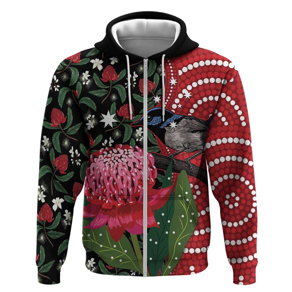 Personalised Australia Waratah And Superb Fairywren Zip Hoodie Aboriginal Art