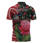Personalised Australia Waratah And Superb Fairywren Zipper Polo Shirt Aboriginal Art - Aussie Hoodie