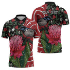 Personalised Australia Waratah And Superb Fairywren Zipper Polo Shirt Aboriginal Art - Aussie Hoodie