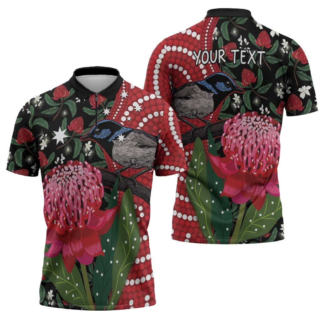 Personalised Australia Waratah And Superb Fairywren Zipper Polo Shirt Aboriginal Art - Aussie Hoodie