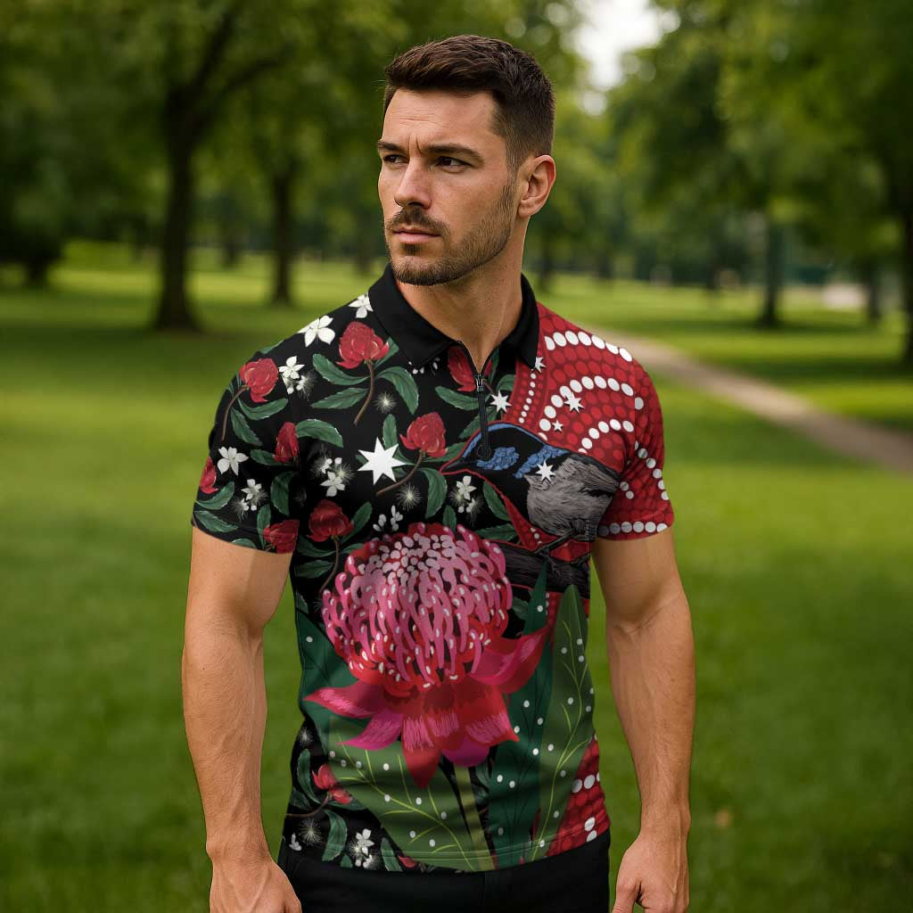Personalised Australia Waratah And Superb Fairywren Zipper Polo Shirt Aboriginal Art - Aussie Hoodie