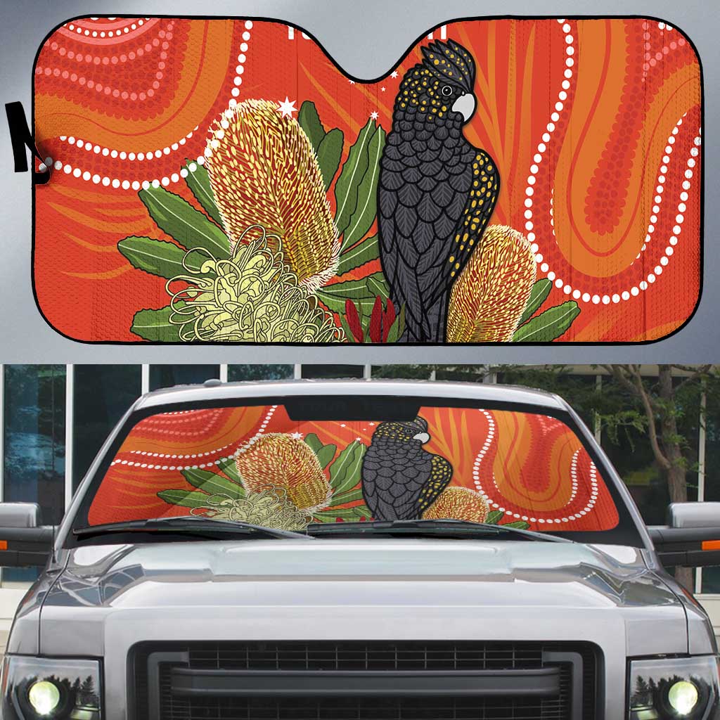 Personalised Australia Banksia And Black Cockatoo Auto Sun Shade Aboriginal Art - Aussie Hoodie