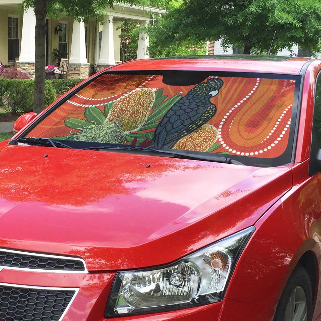 Personalised Australia Banksia And Black Cockatoo Auto Sun Shade Aboriginal Art - Aussie Hoodie