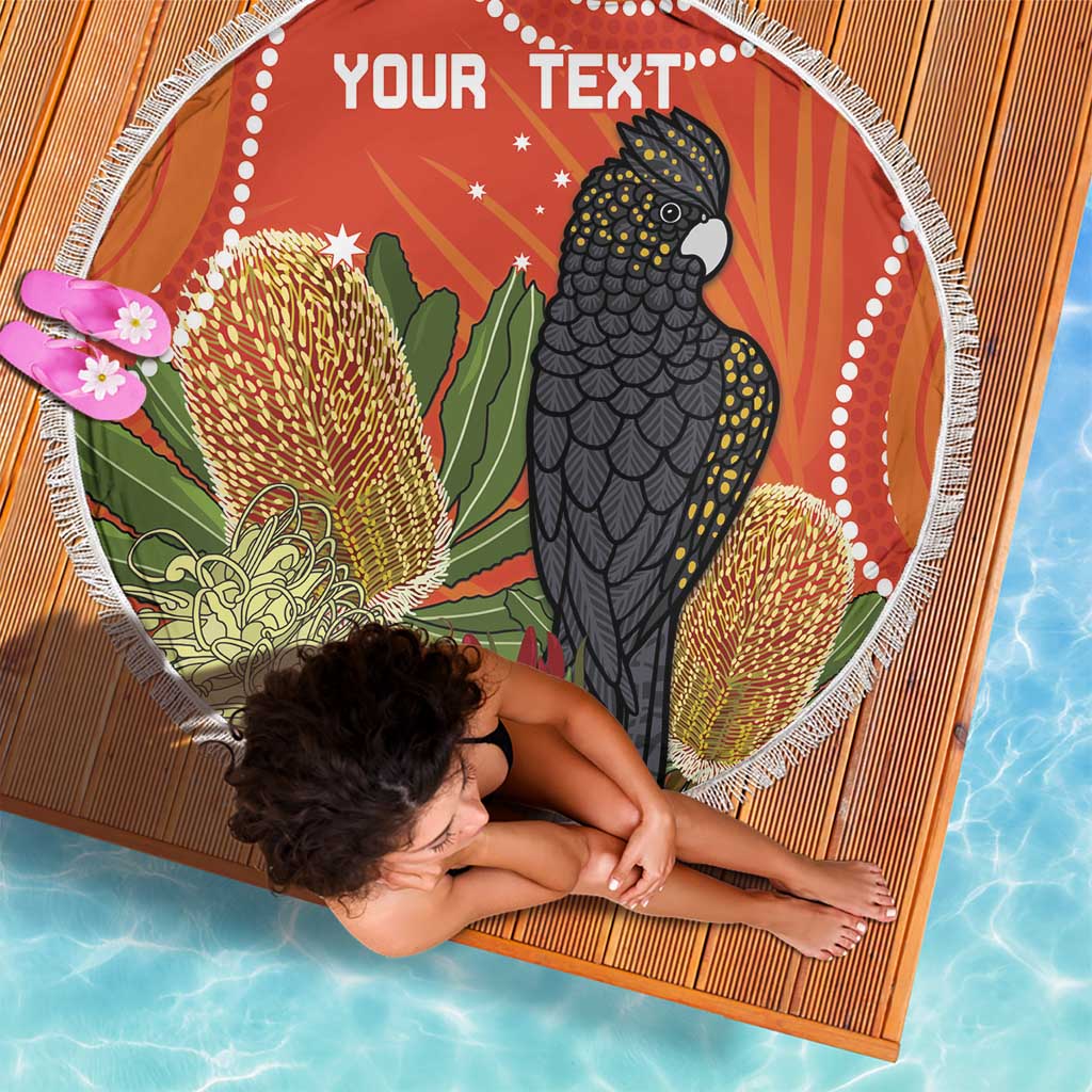 Personalised Australia Banksia And Black Cockatoo Beach Blanket Aboriginal Art