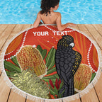 Personalised Australia Banksia And Black Cockatoo Beach Blanket Aboriginal Art