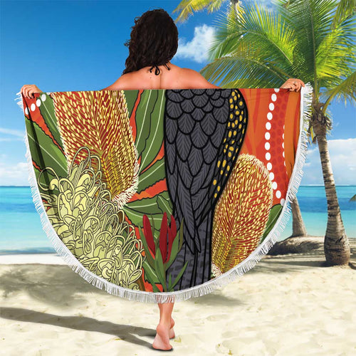 Personalised Australia Banksia And Black Cockatoo Beach Blanket Aboriginal Art