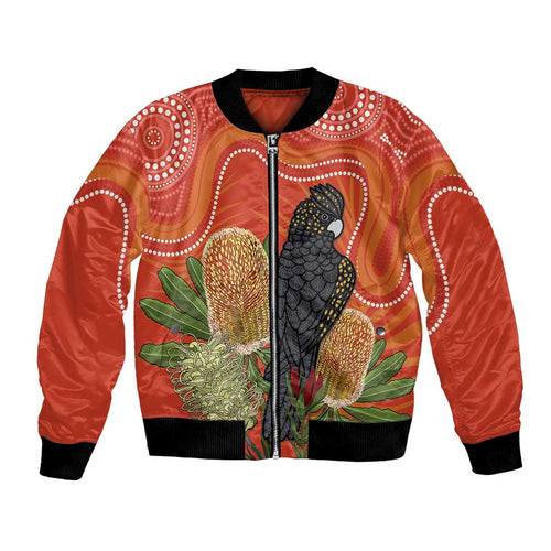 Personalised Australia Banksia And Black Cockatoo Bomber Jacket Aboriginal Art