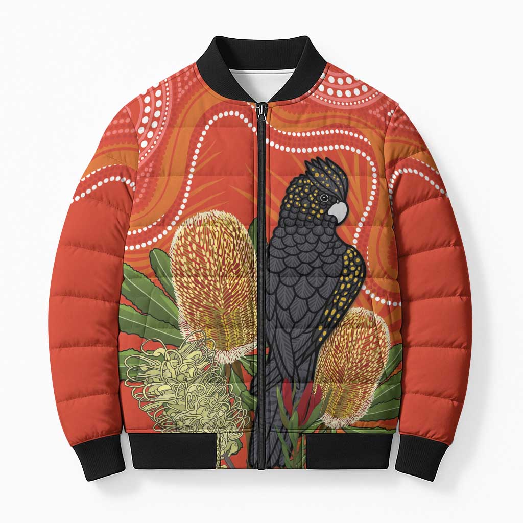 Personalised Australia Banksia And Black Cockatoo Bomber Puffer Jacket Aboriginal Art - Aussie Hoodie