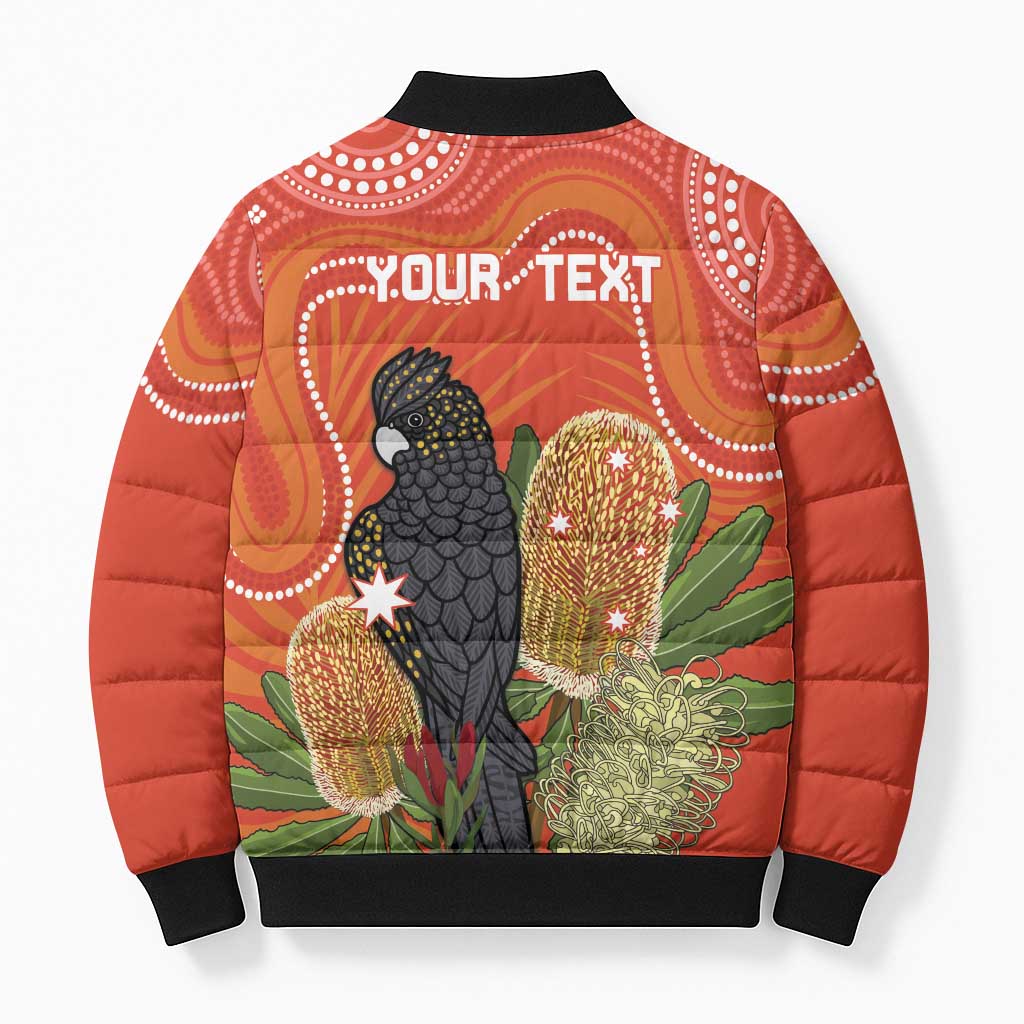 Personalised Australia Banksia And Black Cockatoo Bomber Puffer Jacket Aboriginal Art - Aussie Hoodie