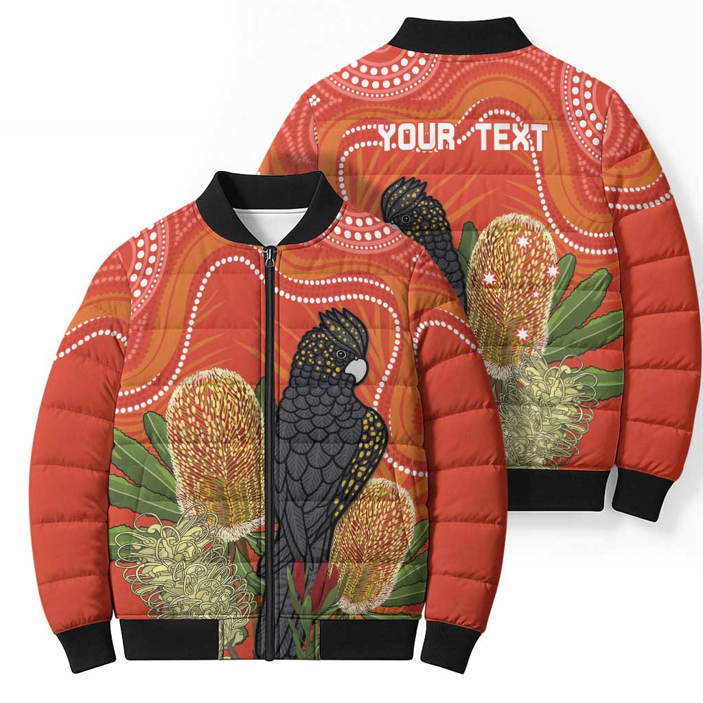 Personalised Australia Banksia And Black Cockatoo Bomber Puffer Jacket Aboriginal Art - Aussie Hoodie