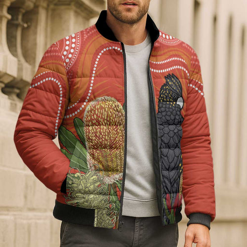 Personalised Australia Banksia And Black Cockatoo Bomber Puffer Jacket Aboriginal Art - Aussie Hoodie