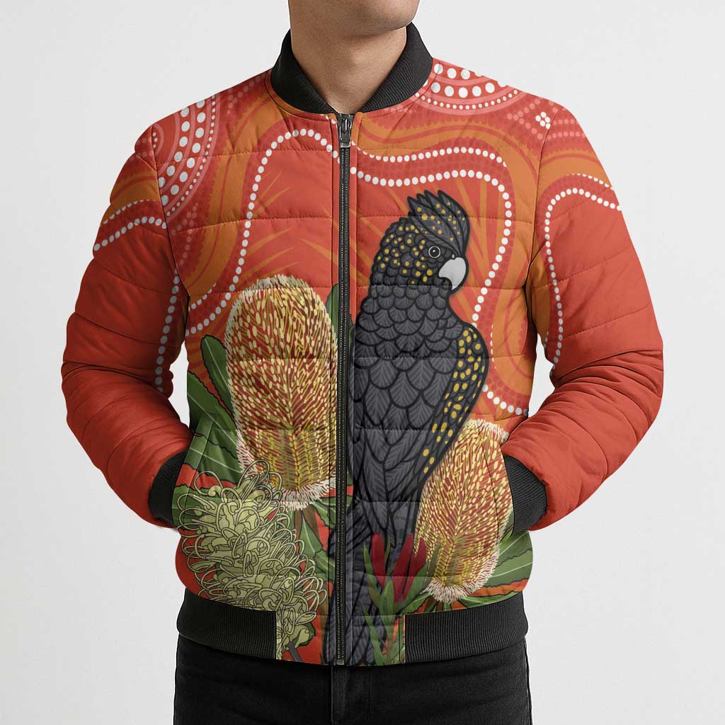 Personalised Australia Banksia And Black Cockatoo Bomber Puffer Jacket Aboriginal Art - Aussie Hoodie