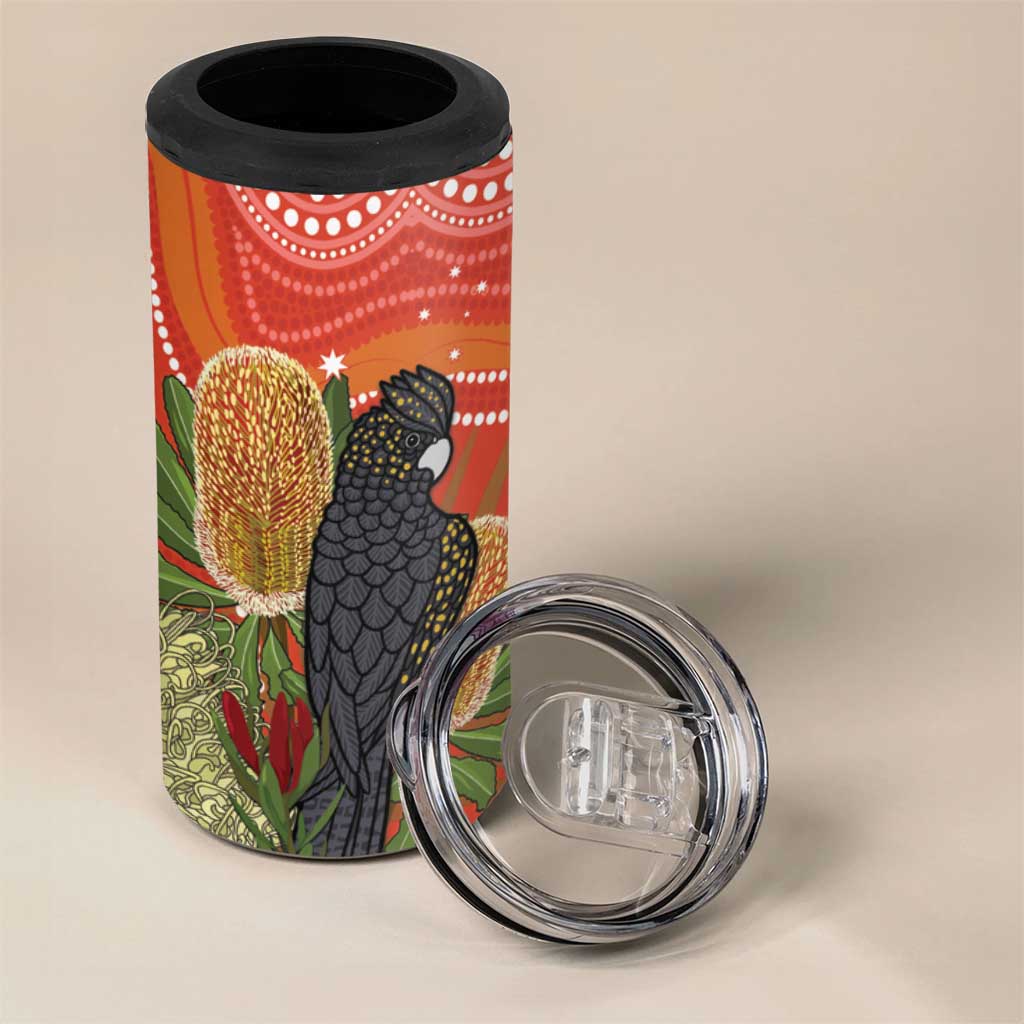 Personalised Australia Banksia With Black Cockatoo 4 in 1 Can Cooler Tumbler Aboriginal Art