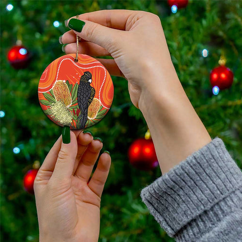 Personalised Australia Banksia And Black Cockatoo Ceramic Ornament Aboriginal Art - Aussie Hoodie