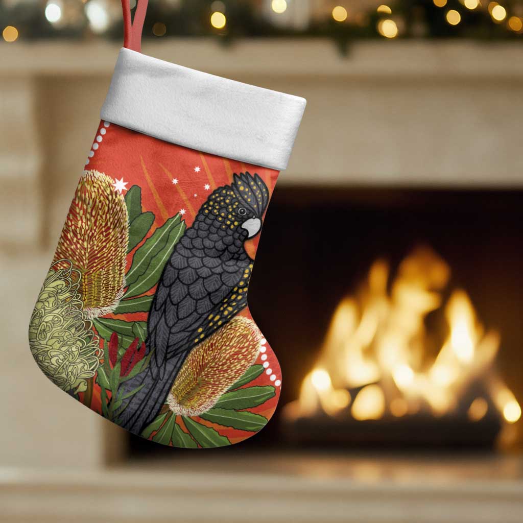 Personalised Australia Banksia And Black Cockatoo Christmas Stocking Aboriginal Art - Aussie Hoodie