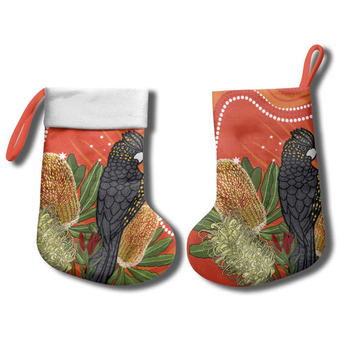 Personalised Australia Banksia And Black Cockatoo Christmas Stocking Aboriginal Art - Aussie Hoodie