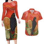 Personalised Australia Banksia And Black Cockatoo Couples Matching Long Sleeve Bodycon Dress and Hawaiian Shirt Aboriginal Art
