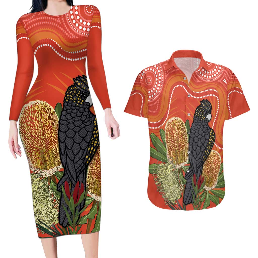 Personalised Australia Banksia And Black Cockatoo Couples Matching Long Sleeve Bodycon Dress and Hawaiian Shirt Aboriginal Art