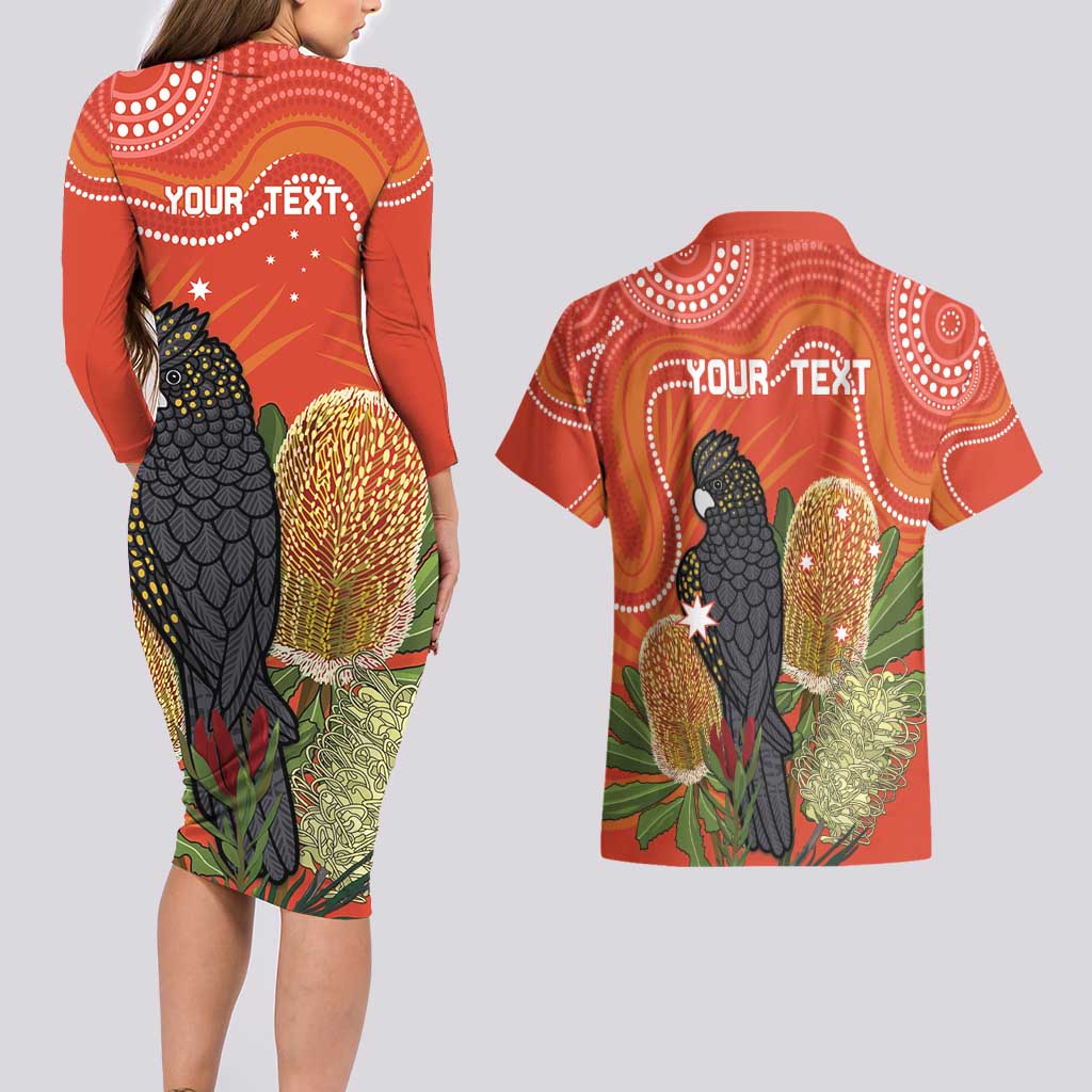 Personalised Australia Banksia And Black Cockatoo Couples Matching Long Sleeve Bodycon Dress and Hawaiian Shirt Aboriginal Art