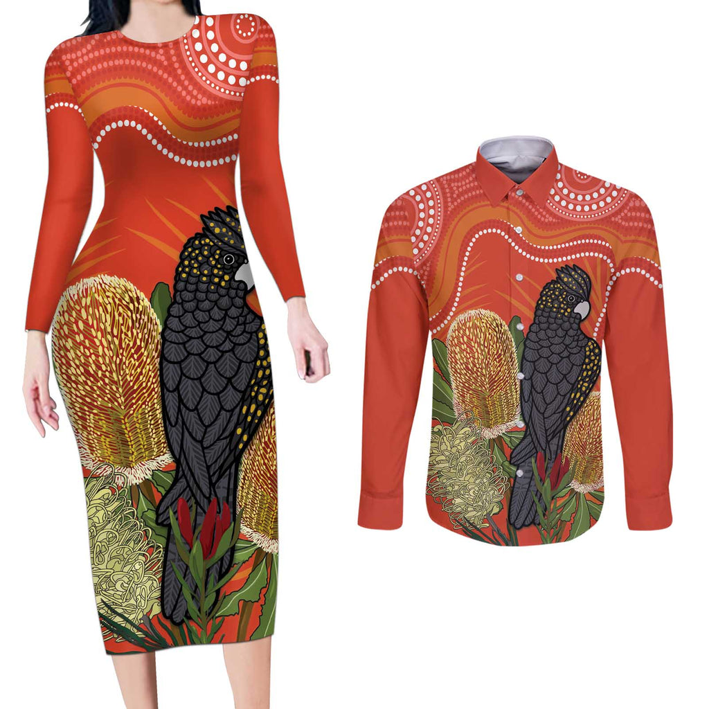 Personalised Australia Banksia And Black Cockatoo Couples Matching Long Sleeve Bodycon Dress and Long Sleeve Button Shirt Aboriginal Art