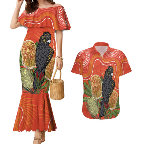 Personalised Australia Banksia And Black Cockatoo Couples Matching Mermaid Dress and Hawaiian Shirt Aboriginal Art