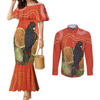 Personalised Australia Banksia And Black Cockatoo Couples Matching Mermaid Dress and Long Sleeve Button Shirt Aboriginal Art
