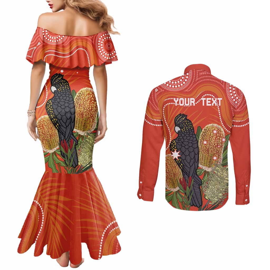 Personalised Australia Banksia And Black Cockatoo Couples Matching Mermaid Dress and Long Sleeve Button Shirt Aboriginal Art
