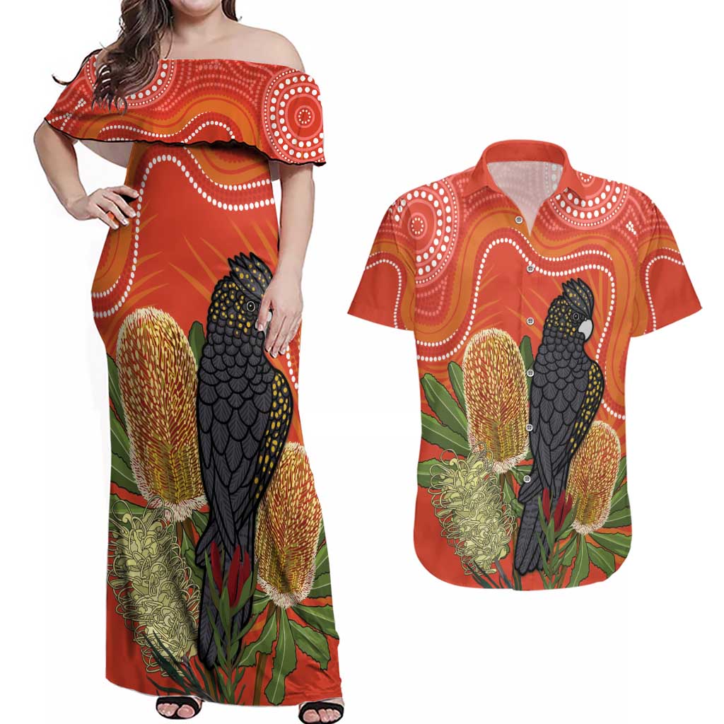 Personalised Australia Banksia And Black Cockatoo Couples Matching Off Shoulder Maxi Dress and Hawaiian Shirt Aboriginal Art