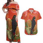 Personalised Australia Banksia And Black Cockatoo Couples Matching Off Shoulder Maxi Dress and Hawaiian Shirt Aboriginal Art
