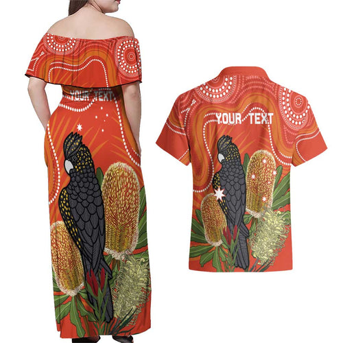 Personalised Australia Banksia And Black Cockatoo Couples Matching Off Shoulder Maxi Dress and Hawaiian Shirt Aboriginal Art