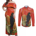 Personalised Australia Banksia And Black Cockatoo Couples Matching Off Shoulder Maxi Dress and Long Sleeve Button Shirt Aboriginal Art