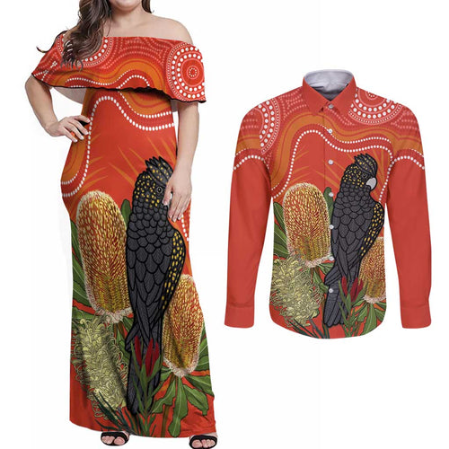 Personalised Australia Banksia And Black Cockatoo Couples Matching Off Shoulder Maxi Dress and Long Sleeve Button Shirt Aboriginal Art