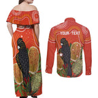 Personalised Australia Banksia And Black Cockatoo Couples Matching Off Shoulder Maxi Dress and Long Sleeve Button Shirt Aboriginal Art