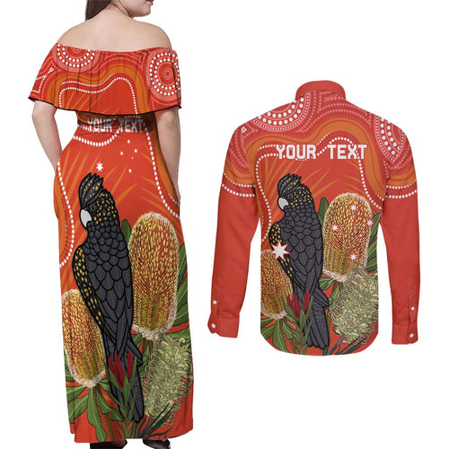 Personalised Australia Banksia And Black Cockatoo Couples Matching Off Shoulder Maxi Dress and Long Sleeve Button Shirt Aboriginal Art
