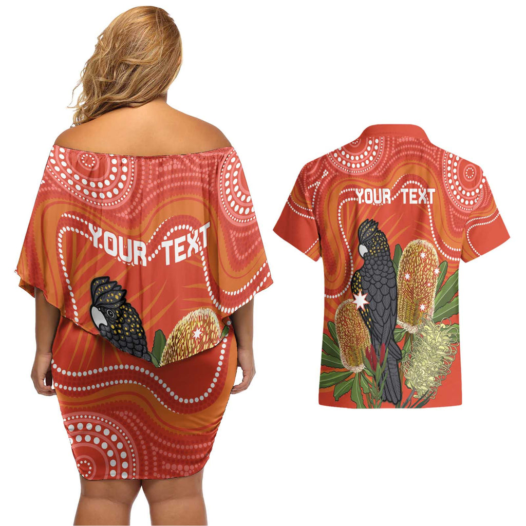 Personalised Australia Banksia And Black Cockatoo Couples Matching Off Shoulder Short Dress and Hawaiian Shirt Aboriginal Art