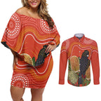 Personalised Australia Banksia And Black Cockatoo Couples Matching Off Shoulder Short Dress and Long Sleeve Button Shirt Aboriginal Art
