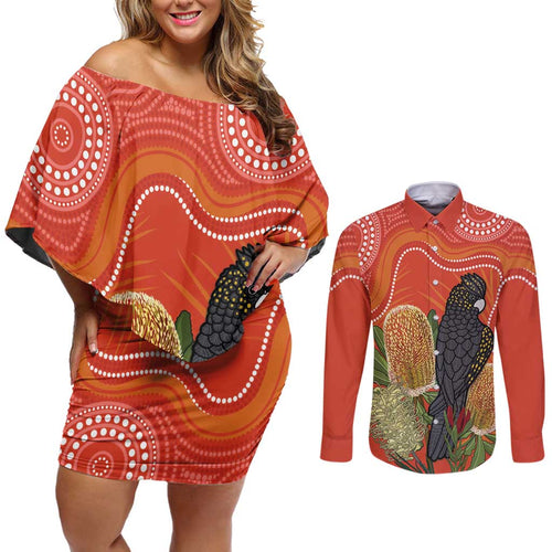 Personalised Australia Banksia And Black Cockatoo Couples Matching Off Shoulder Short Dress and Long Sleeve Button Shirt Aboriginal Art