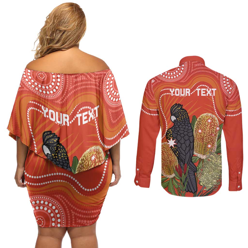 Personalised Australia Banksia And Black Cockatoo Couples Matching Off Shoulder Short Dress and Long Sleeve Button Shirt Aboriginal Art
