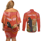 Personalised Australia Banksia And Black Cockatoo Couples Matching Off Shoulder Short Dress and Long Sleeve Button Shirt Aboriginal Art