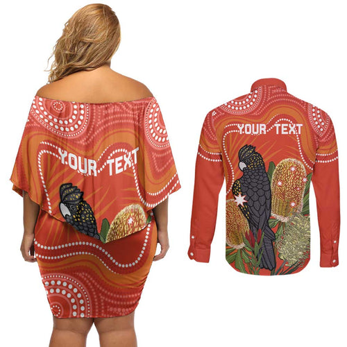 Personalised Australia Banksia And Black Cockatoo Couples Matching Off Shoulder Short Dress and Long Sleeve Button Shirt Aboriginal Art