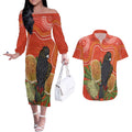 Personalised Australia Banksia And Black Cockatoo Couples Matching Off The Shoulder Long Sleeve Dress and Hawaiian Shirt Aboriginal Art